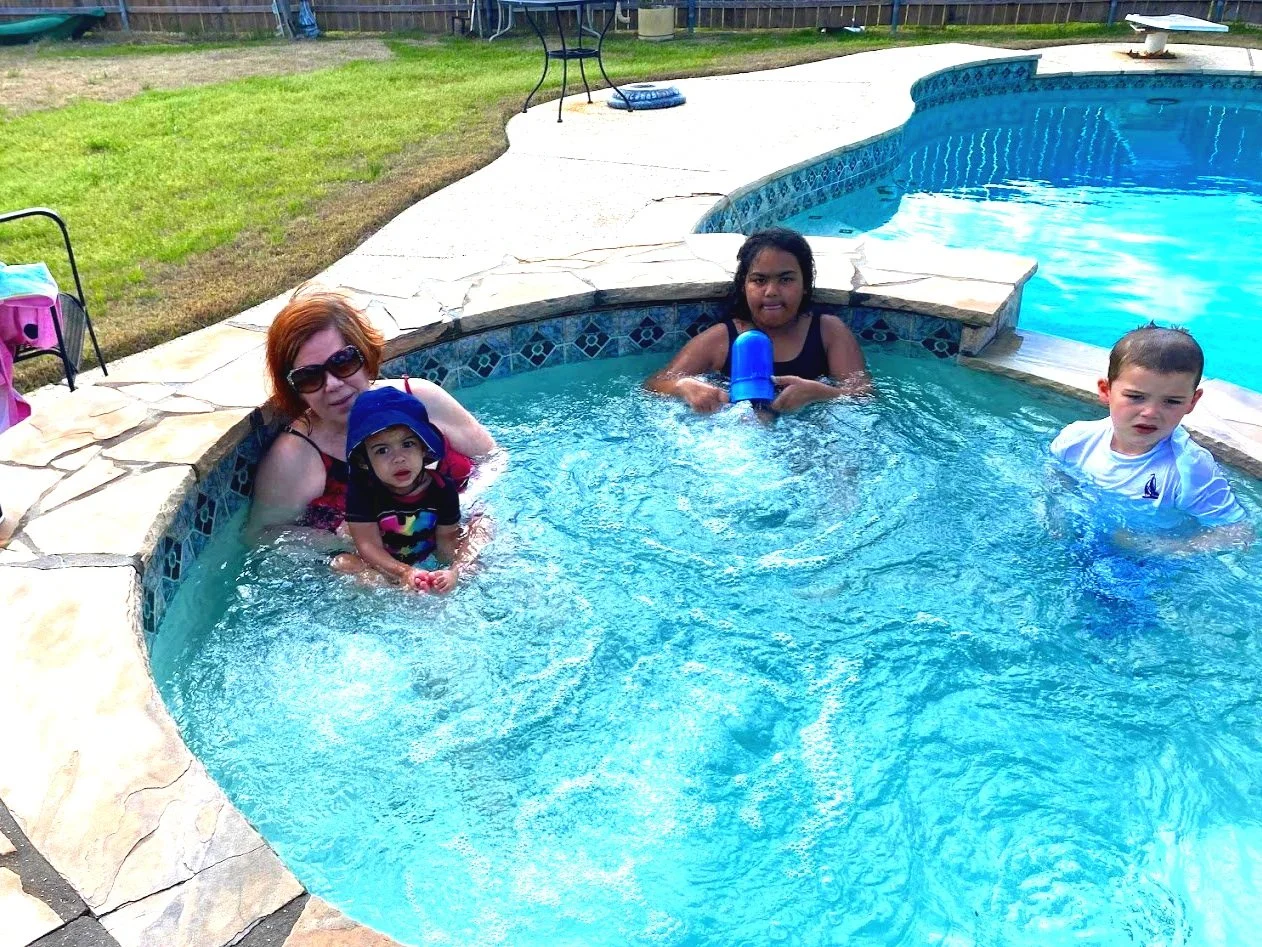 A&M Pool Service family — wife and grandkids enjoying a pool they maintain